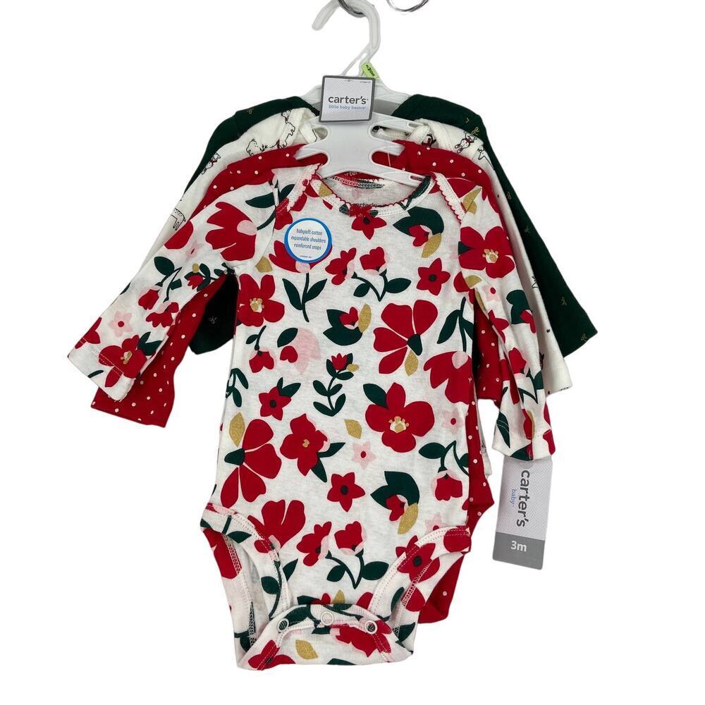 Carter's Bodysuits Long Sleeve Tops Set of 4 Snap Bottom Red Green Baby 3 Months